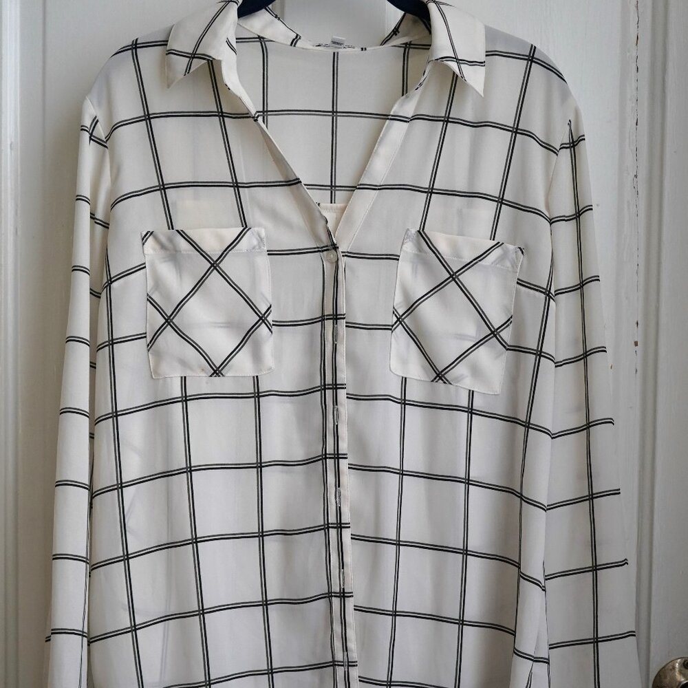 Express | Button Down Blouse Double Pocket Oversized Windowpane